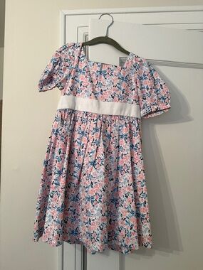 Girls' Floral Cotton Dress with White Waistband - Pink & Blue